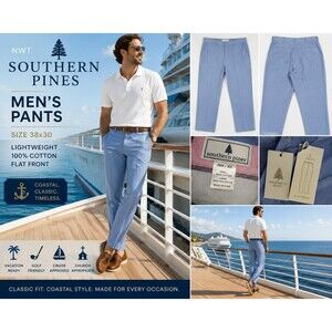 NWT Southern Pines Mens 38x30 Blue Flat Front Cotton Dress Casual Pants Lightwei